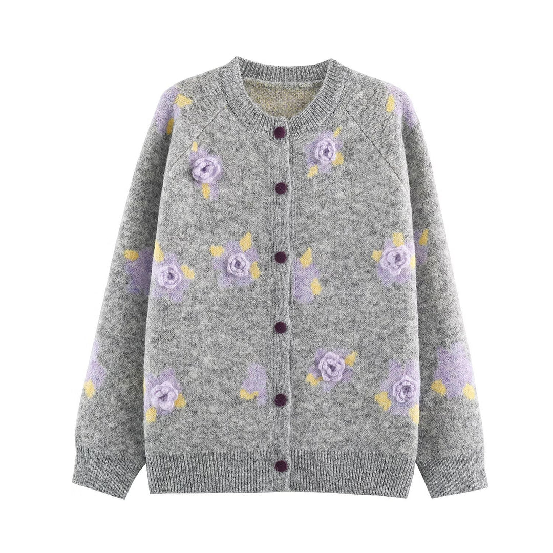 Damen Feinstrick-Zweiteiler Cardigan mit Blumen-Jacquard und tailliertem A-Linien Strickrock Nord Taschen