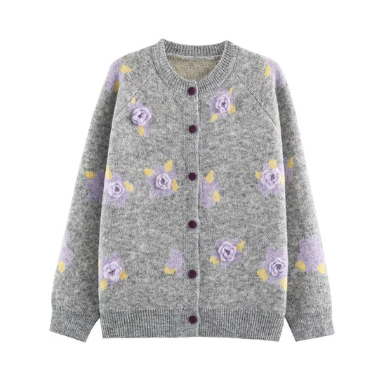 Damen Feinstrick-Zweiteiler Cardigan mit Blumen-Jacquard und tailliertem A-Linien Strickrock Nord Taschen