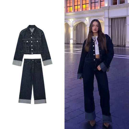 Damen 1700+ Cropped Jeansjacke mit überlangen Umschlagmanschetten und kastiger Silhouette Nord Taschen