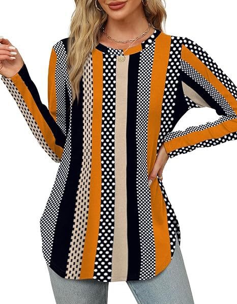 Damen Lässiges Longsleeve-Tunikaoberteil mit Rundhalsausschnitt, Seitenschlitzen und Aquarell-Blattprint Nord Taschen