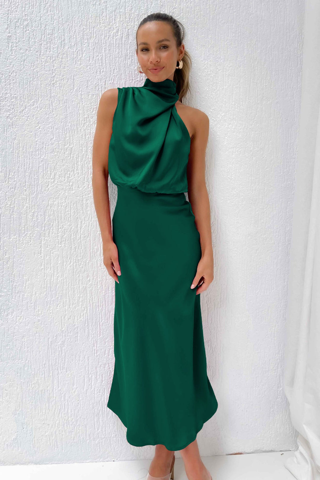 Damen Fließendes Maxikleid mit elegantem Stehkragen und Drapierung