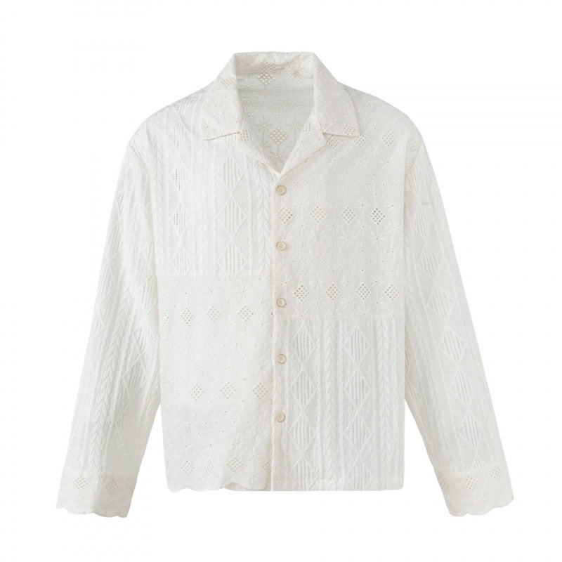 Damen Broderie-Anglaise-Hemdjacke im Boxy-Schnitt mit Hemdkragen und Knopfleiste Nord Taschen