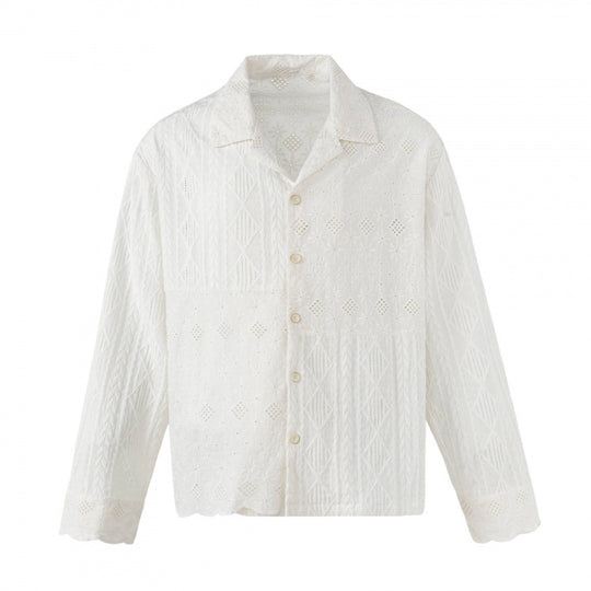 Damen Broderie-Anglaise-Hemdjacke im Boxy-Schnitt mit Hemdkragen und Knopfleiste Nord Taschen