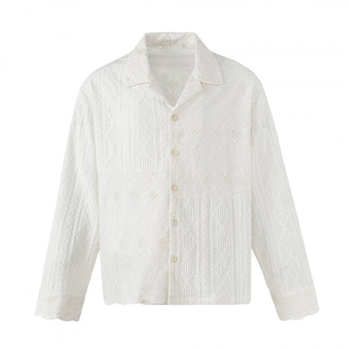 Damen Broderie-Anglaise-Hemdjacke im Boxy-Schnitt mit Hemdkragen und Knopfleiste Nord Taschen