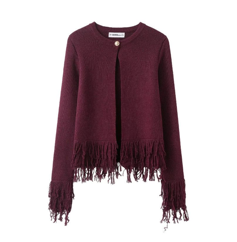 Damen Kurzer Strickcardigan mit Fransenbesatz, Rundhalsausschnitt und Ein-Knopf-Verschluss Nord Taschen
