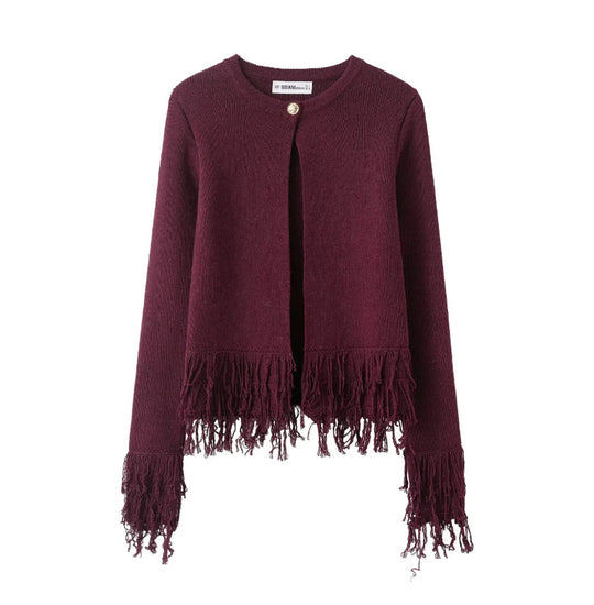 Damen Kurzer Strickcardigan mit Fransenbesatz, Rundhalsausschnitt und Ein-Knopf-Verschluss Nord Taschen