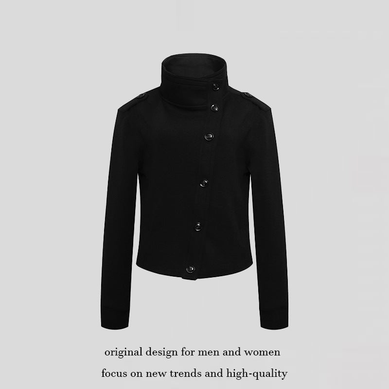 Damen Kurze Wolloptik-Militärjacke mit Stehkragen und asymmetrischer Knopfleiste Nord Taschen