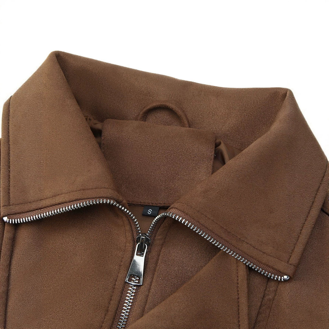 Damen Kurze Wildlederoptik Bomberjacke mit hohem Stehkragen, Schulterklappen und Taillengürtel Nord Taschen
