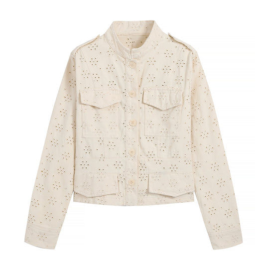 Damen Kurz geschnittene Broderie-Anglaise Feldjacke mit Pattentaschen Nord Taschen
