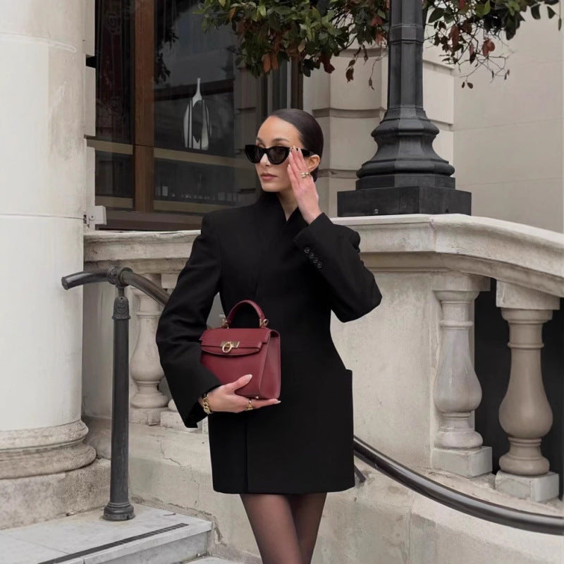 Damen strukturierter Blazer-Mantel mit hohem Kragen und Taillengürtel Nord Taschen