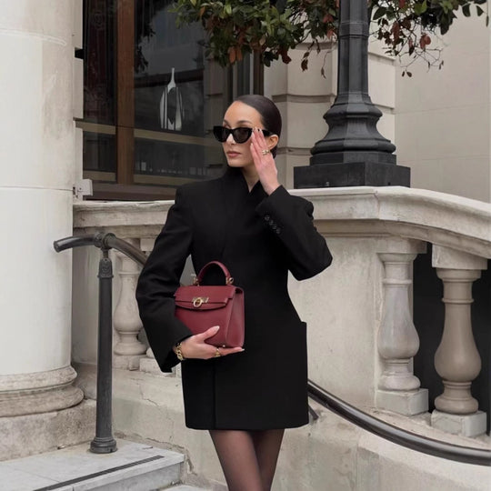 Damen strukturierter Blazer-Mantel mit hohem Kragen und Taillengürtel Nord Taschen