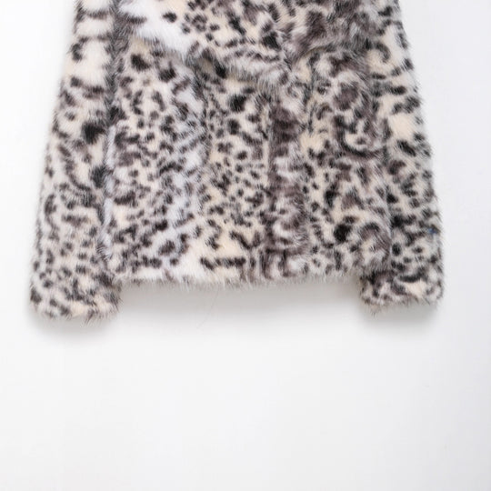 Damen Kurzer Kunstfellmantel mit Leopardenmuster und Schalkragen Nord Taschen