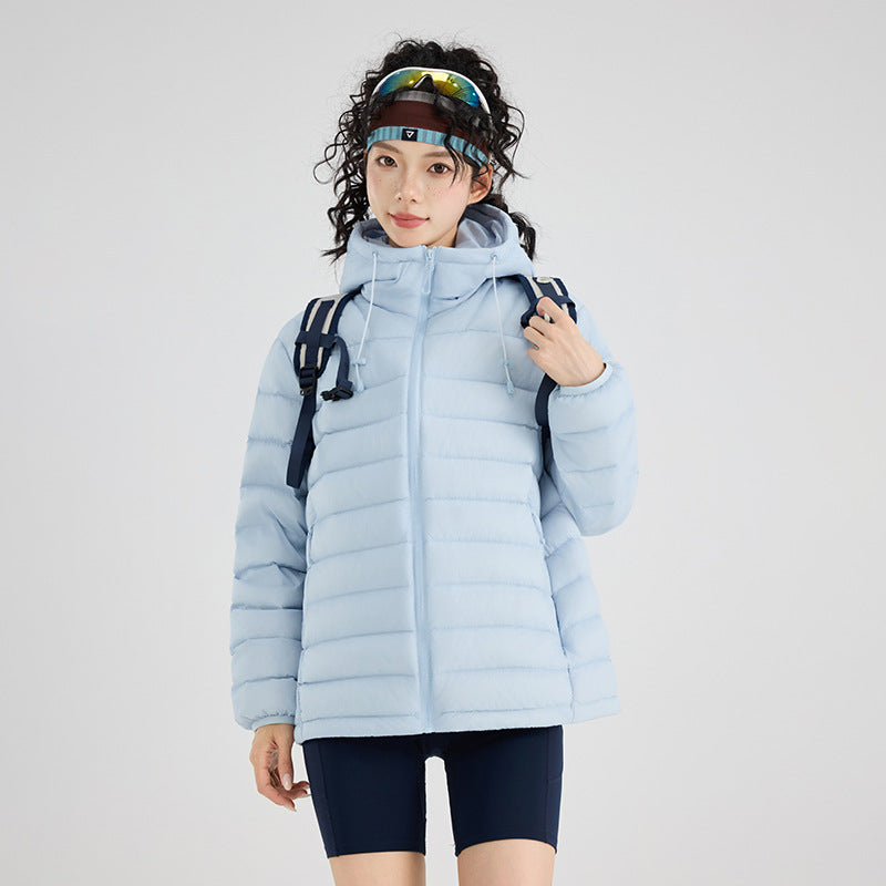 Damen Ultraleichte gesteppte Thermokapuzenjacke mit Horizontalsteppung und Reißverschlusstaschen Nord Taschen