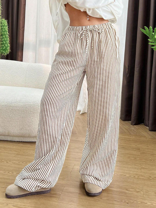 Damen Weite Highwaist-Hose mit Tunnelzug Streifen-Leinenoptik und Eingrifftaschen Nord Taschen