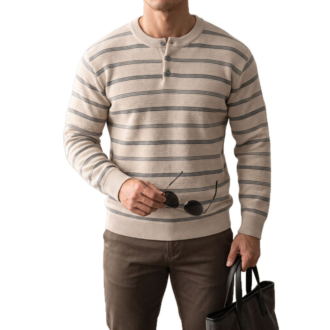 Herren Henley‑Strickpullover mit feiner Struktur und horizontalen Streifen Nord Taschen