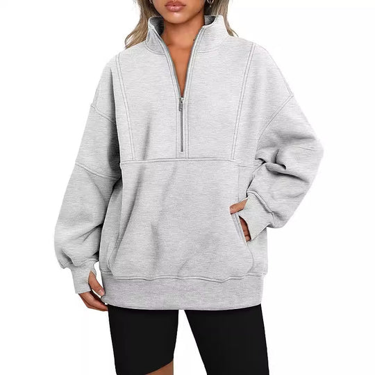 Damen Oversized Sweatshirt mit halbem Reißverschluss, Kängurutasche und Stehkragen Nord Taschen