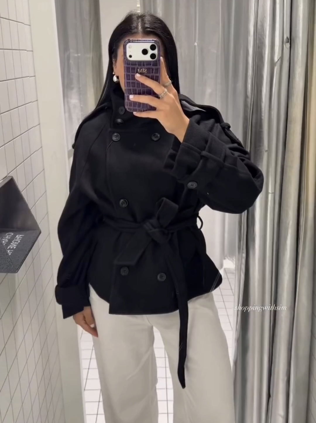 Damen Kurzblouson‑Trenchcoat aus Wollmix mit hohem Stehkragen und Bindegürtel Nord Taschen