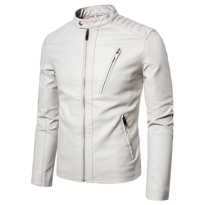 Herren Schlanke Kunstleder-Bikerjacke mit Stehkragen, Steppeinsätzen und Reißverschlusstaschen Nord Taschen