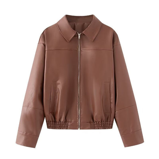 Damen Kurzjacke aus Kunstleder im Oversized-Bomberstil mit Hemdkragen und elastischem Saum Nord Taschen