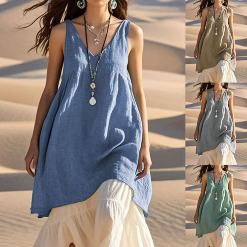 Damen luftiges Leinenkleid mit V-Ausschnitt und asymmetrischem Saum Nord Taschen