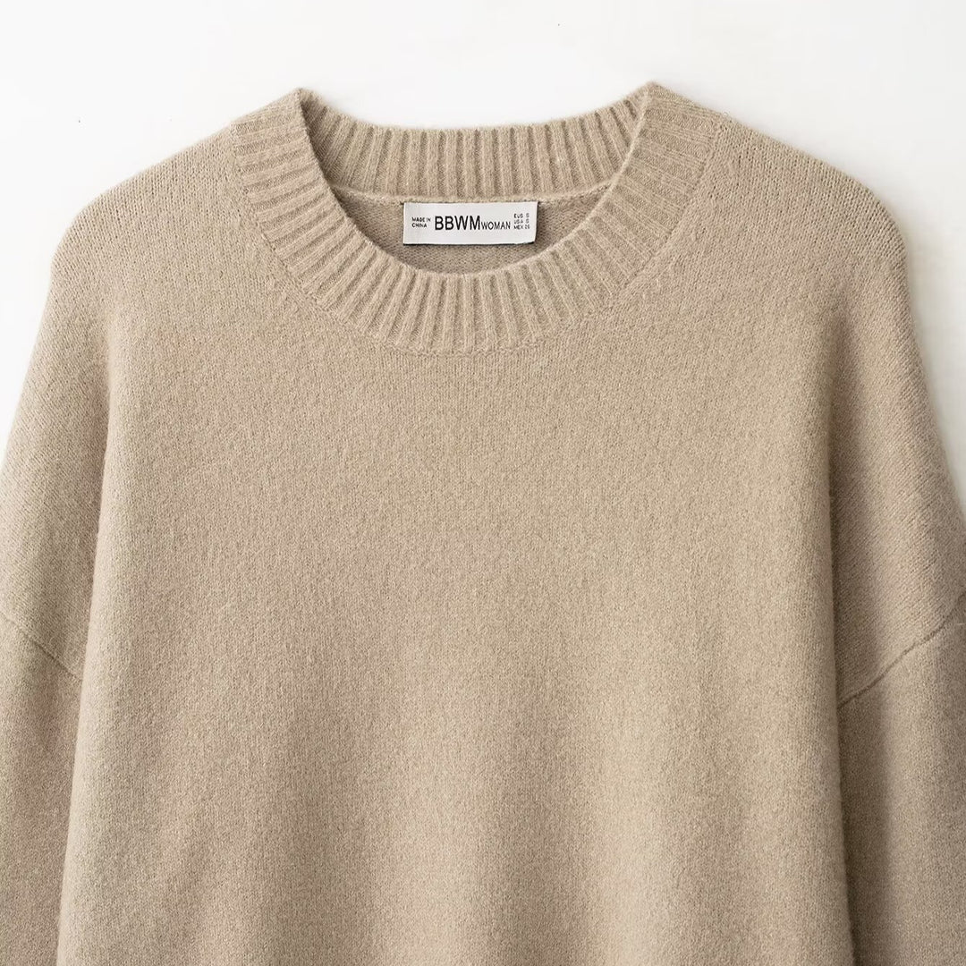 Damen Oversize-Feinstrickpullover mit Rundhalsausschnitt, überschnittener Schulter und extra langen Rippbündchen Nord Taschen