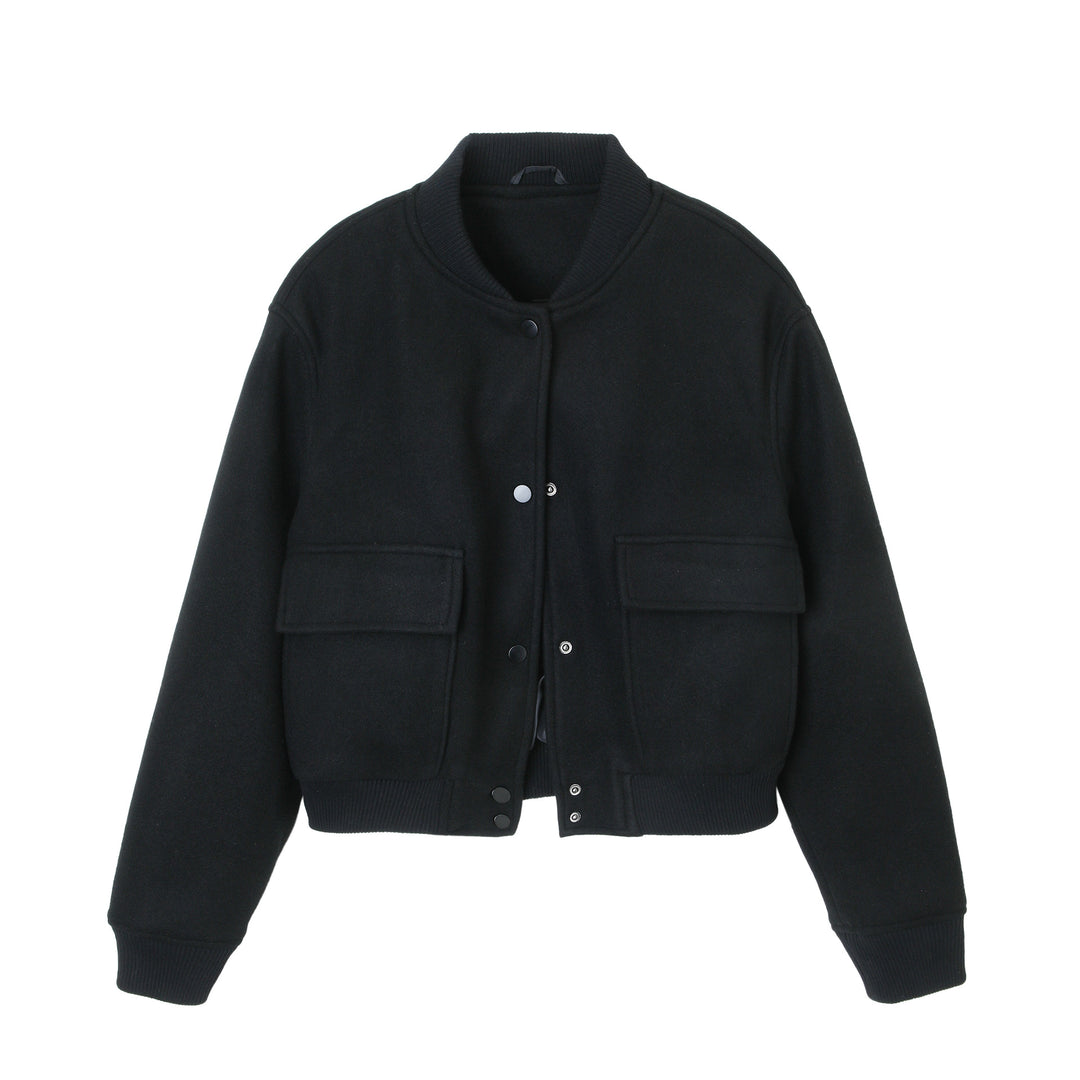 Damen kurze Woll-Bomberjacke mit aufgesetzten Pattentaschen und Rippbündchen Nord Taschen