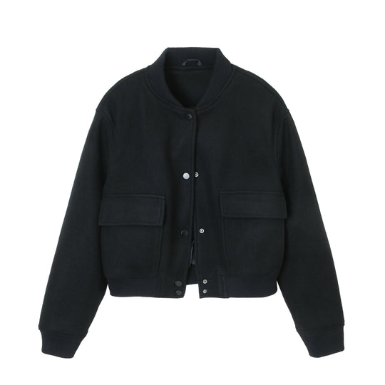Damen kurze Woll-Bomberjacke mit aufgesetzten Pattentaschen und Rippbündchen Nord Taschen