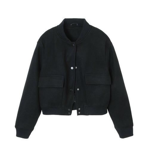 Damen kurze Woll-Bomberjacke mit aufgesetzten Pattentaschen und Rippbündchen Nord Taschen