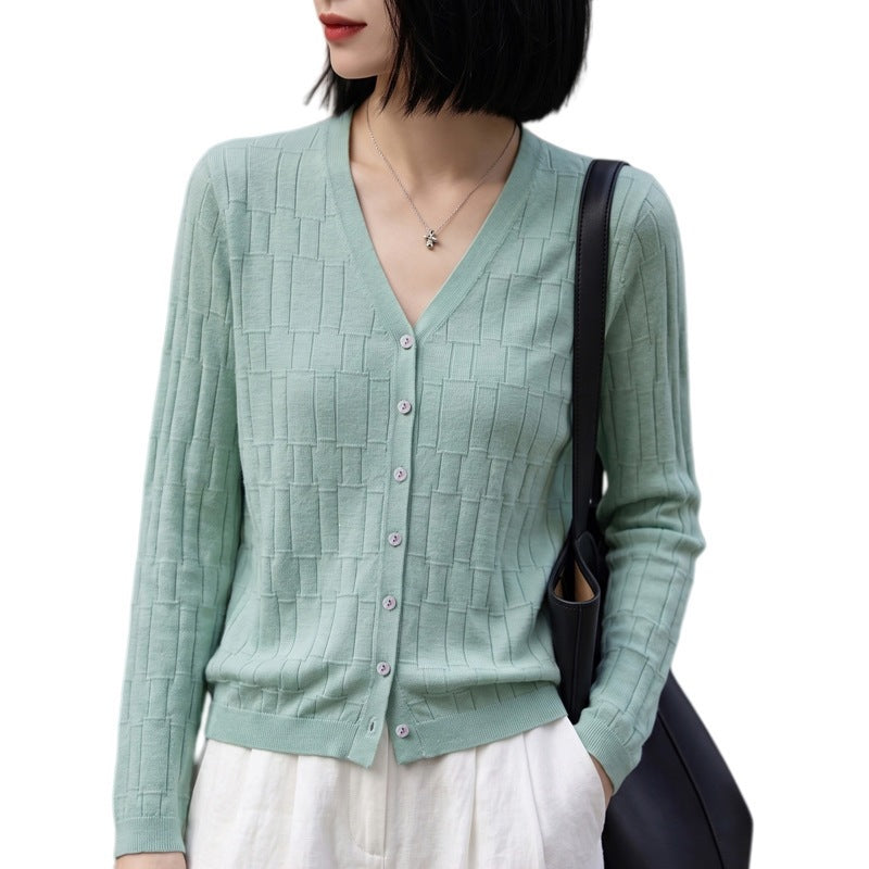 Damen V‑Ausschnitt-Feinstrickcardigan mit strukturierter Blockoptik und durchgehender Knopfleiste Nord Taschen