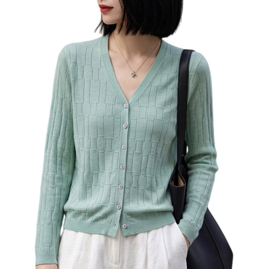 Damen V‑Ausschnitt-Feinstrickcardigan mit strukturierter Blockoptik und durchgehender Knopfleiste Nord Taschen