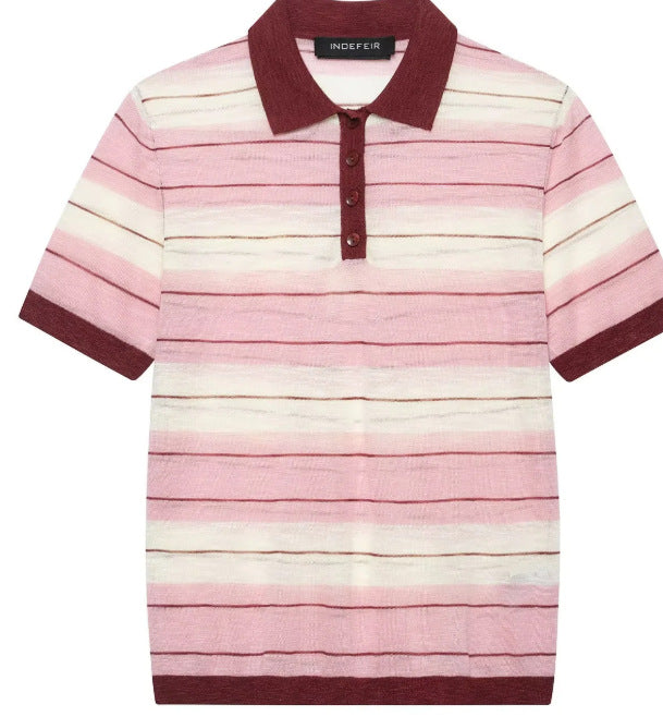 Damen Kurzärmeliges gestreiftes Strick‑Poloshirt mit Rippkragen und Knopfleiste Nord Taschen
