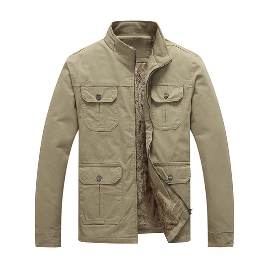 Herren Canvas-Fieldjacke mit Kunstfell-Innenfutter, Utility-Taschen und Stehkragen Nord Taschen