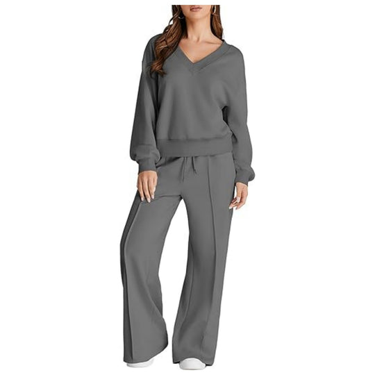 Damen Lässiges V-Ausschnitt Freizeit-Set mit weiter Jogginghose Nord Taschen