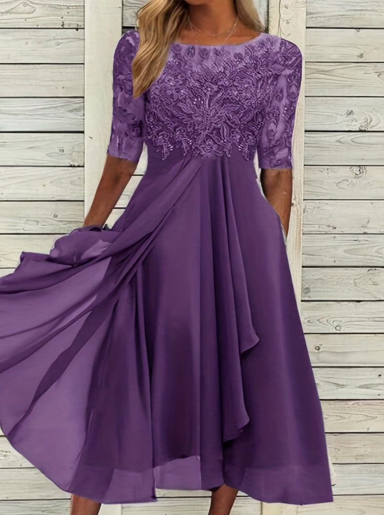 Damen nan V-Ausschnitt Chiffon-Midikleid mit besticktem Bustier, transparenten dreiviertel-Ärmeln und asymmetrischem Lagenrock