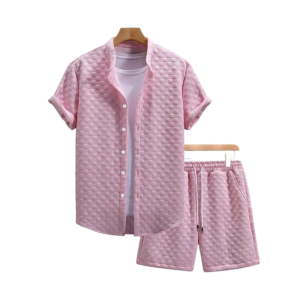 Herren nan zweiteiliges Sommerensemble mit Stehkragen-Hemdjacke und elastischen Komfort-Shorts in geprägter Karo-Textur - Arvani