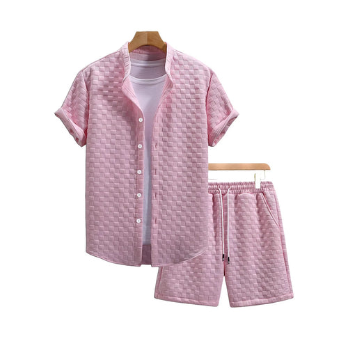 Herren nan zweiteiliges Sommerensemble mit Stehkragen-Hemdjacke und elastischen Komfort-Shorts in geprägter Karo-Textur - Arvani