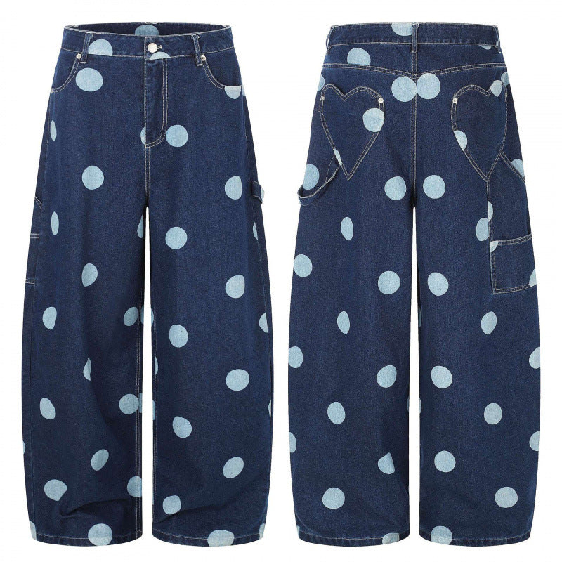 Damen Weite Cropped-Jeans mit hoher Taille, Polka‑Dot‑Print und Carpenter‑Details Nord Taschen