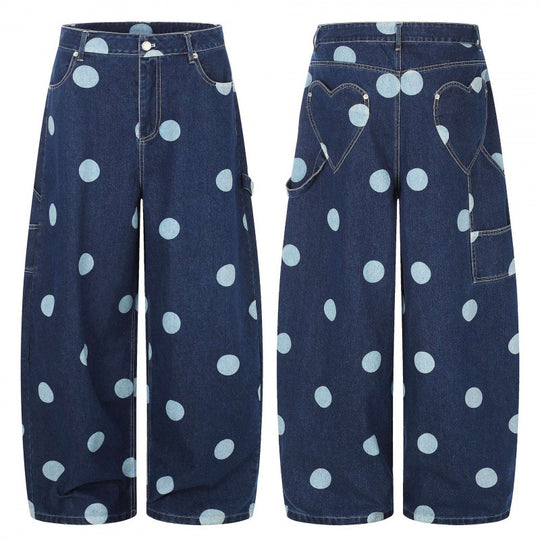 Damen Weite Cropped-Jeans mit hoher Taille, Polka‑Dot‑Print und Carpenter‑Details Nord Taschen
