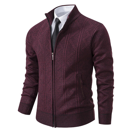 Herren Strukturiertes Feinstrick-Zipcardigan mit Stehkragen und geometrischem Zopfmuster Nord Taschen