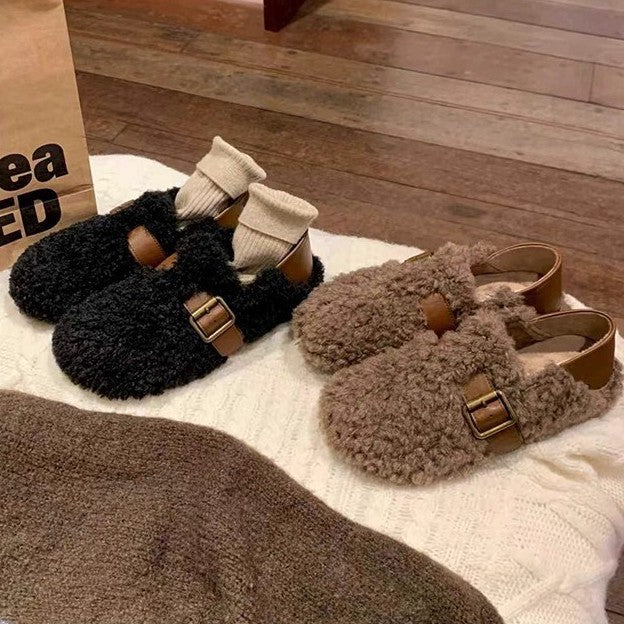 Damen Gefütterte Teddy-Flausch Mules mit verstellbarer Metallschnalle und Fersenriemen Nord Taschen