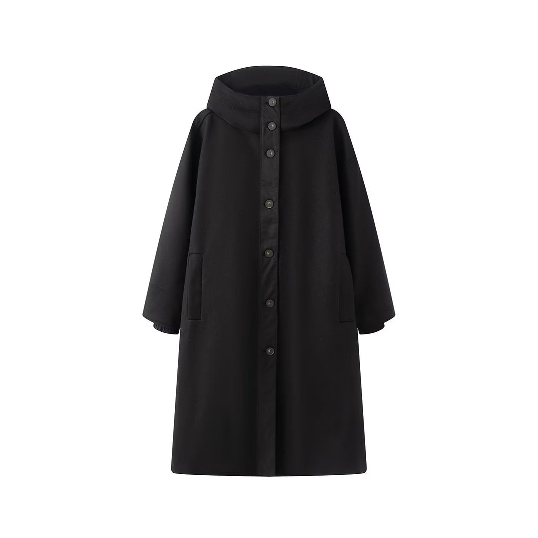 Damen Weicher Oversize Wollmix‑Mantel mit Kapuze und durchgehender Knopfleiste Nord Taschen