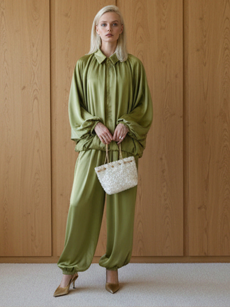 Damen Elegantes Satin-Zweiteiler-Set mit Oversize-Blouson und weiter Palazzo-Hose Nord Taschen