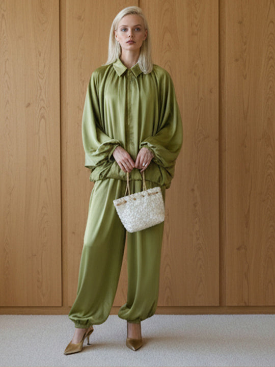 Damen Elegantes Satin-Zweiteiler-Set mit Oversize-Blouson und weiter Palazzo-Hose Nord Taschen