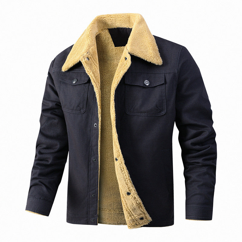Herren Lässige Sherpa-gefütterte Canvas-Truckerjacke mit Hemdkragen Nord Taschen