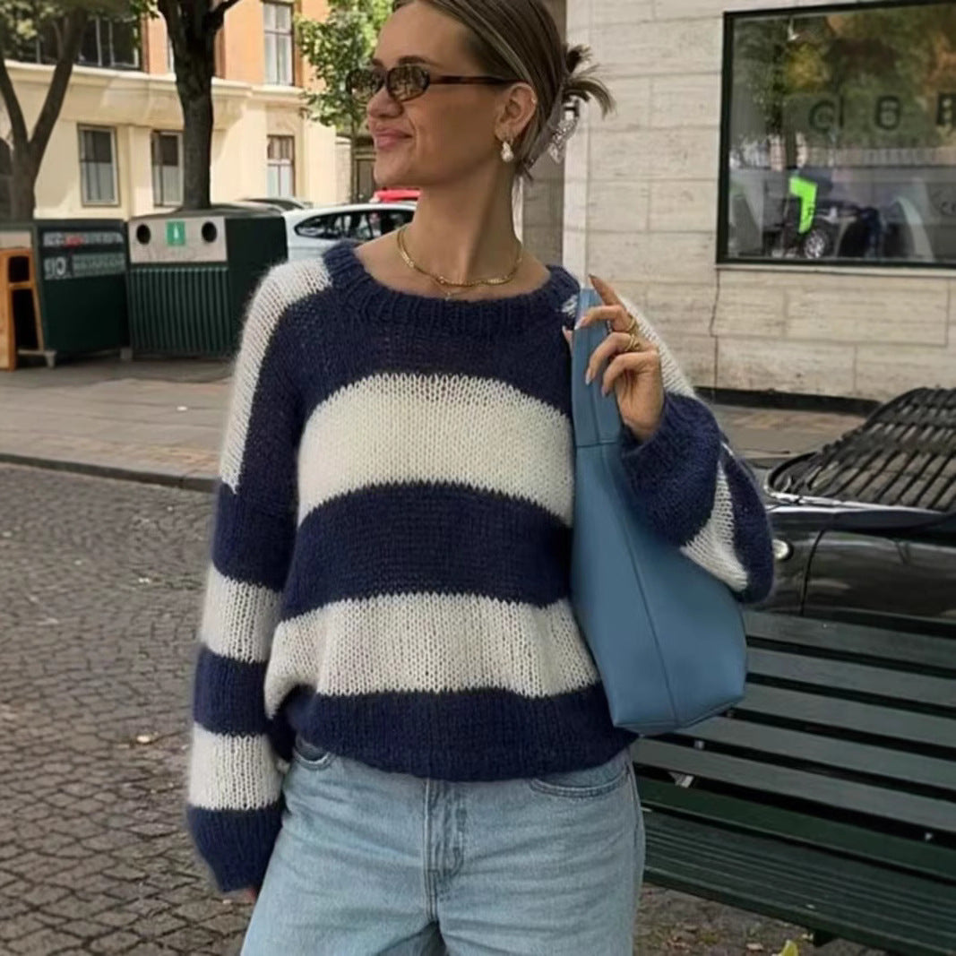 Damen Oversize-Strickpullover mit breiten Blockstreifen und Rundhalsausschnitt Nord Taschen