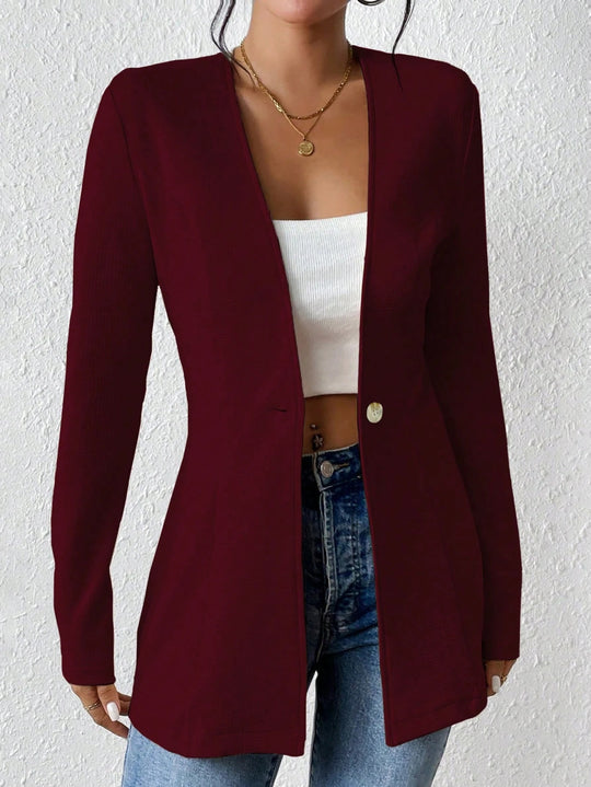 Damen Taillierter Longblazer mit V-Ausschnitt und Ein-Knopf-Verschluss Nord Taschen
