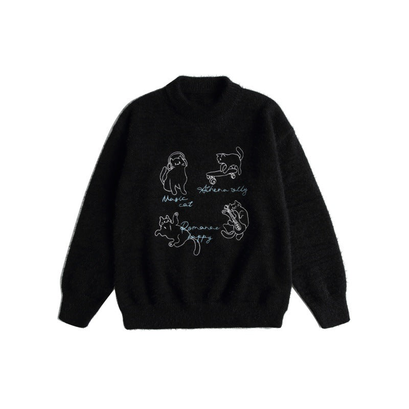 Damen Weicher Pullover mit verspielter Katzenstickerei und leichtem Stehkragen Nord Taschen