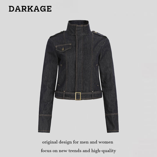 Damen taillierte Jeansjacke mit hohem Stehkragen, Taillengürtel und Schulterpatten Nord Taschen