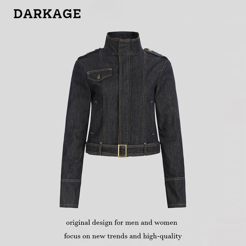 Damen taillierte Jeansjacke mit hohem Stehkragen, Taillengürtel und Schulterpatten Nord Taschen