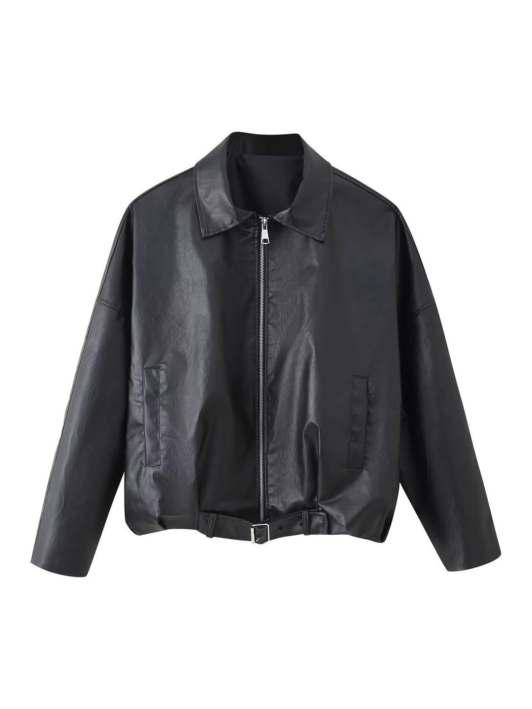 Damen Oversized Lederimitat-Blouson mit Taillengürtel Nord Taschen